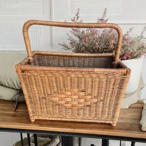 Vintage Wicker Rattan Woven Magazine Gathering Knitting Basket Farmhouse Cottage
